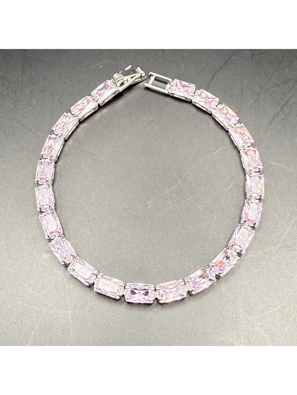 candy+clover baby pink baguette crystal silver tone tennis bracelet